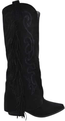 Stivali Donna al Ginocchio camperos in camoscio Nero con Risvolto e Frange Tacco Western 4 cm Zip Intera (37 EU)