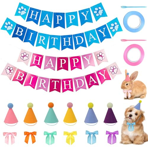 Naapesi 14er Set Party Deko für Kuscheltiere & Haustiere - 6 Mini Partyhüte, 6 Bunte Fliegen & 2 Happy Birthday Banner - Verstellbare Geburtstagshüte für Hunde, Katzen, Puppen & Stofftiere