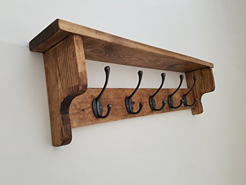 Coat rack with shelf and quality sturdy Cast Iron Hooks Wall Mounted Rustic Vintage Wooden Farmhouse Style Traditional Hallway Storage Idea Christmas gift