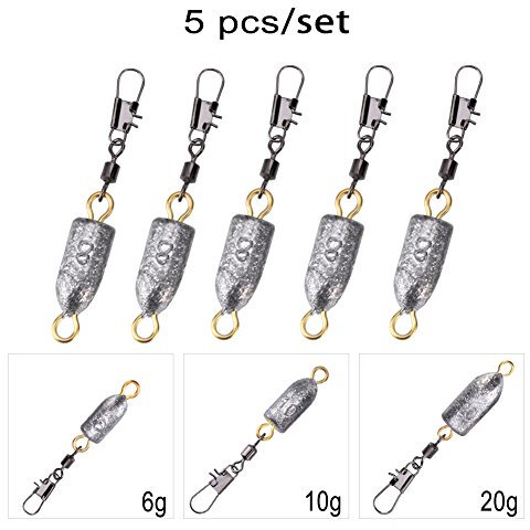 Tbest Laufblei Angeln, 5 Stück Angelgewichte Kit, Kugel Blei Sinkers, Rolling Swivel, Drop Gewichte, Sinkers mit Verriegelung Schnappverbinder (6g)