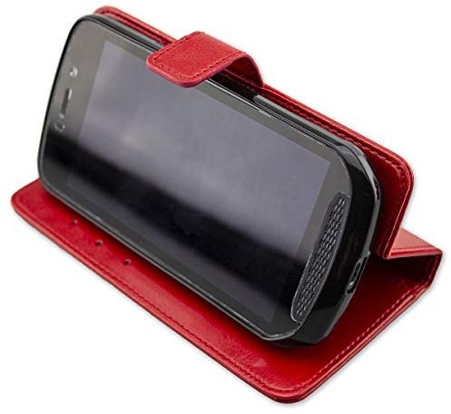 caseroxx Bookstyle Handytasche für Land Rover Explore in rot – Klapphülle aus Kunstleder mit Kreditkartenfächern, Magnetverschluss, Standfunktion & Rundumschutz für Display und Gehäuse