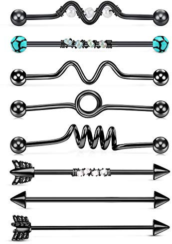 JFORYOU 8 Stücke Edelstahl Industrial Piercing Barbell Industrial Hantel Ohr Knorpel Stab Barbell Ohr Piercing Unisex Punk Stil 14G 38mm
