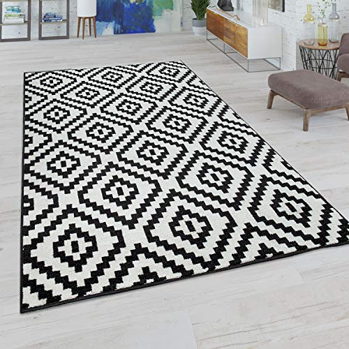 Paco Home Wohnzimmer Teppich, Rauten Muster in Pastell Farben, Moderner Boho Ethno Look, Grösse:200x280 cm, Farbe:Schwarz Weiß