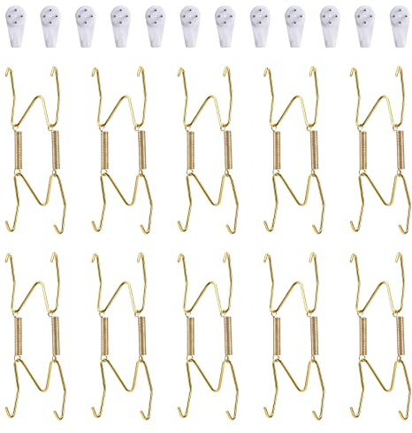 Fasunry 10 Piece Plate Hangers, 4 Inch Invisible Brass Wall Plate Hangers, Comes with 12 Piece Wall Hooks for Decorative Plates