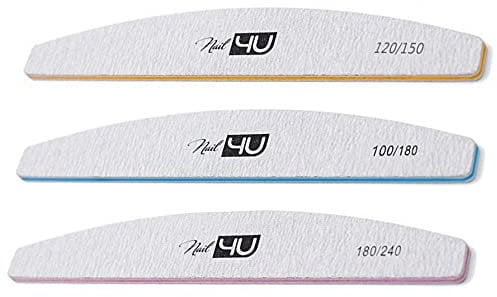 Set of 3 Nail Files Half Moon Professional Emery Boards for False Nails Acrylic Gel Tips Manicure tools by Nail4U Double sided Nail File Different Gradation 120/150 100/180 180/240 Grit