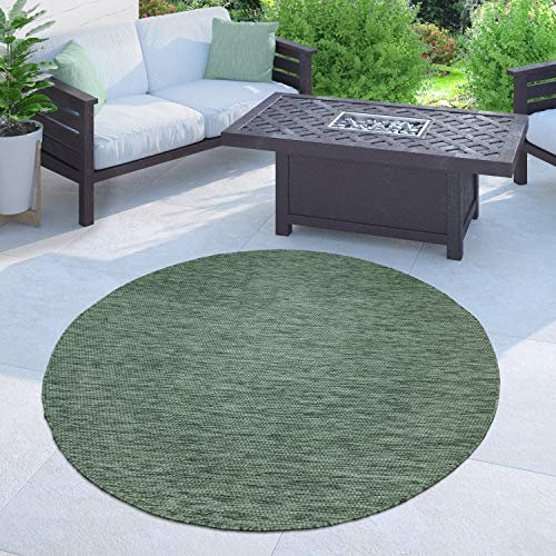 Paco Home Outdoor Teppich Flachgewebe Sisaloptik Modern Einfarbig meliert wetterfest & pflegeleicht Küchenteppich Ideal für Terrasse Balkon Garten, Grösse:80 cm Rund, Farbe:Grün