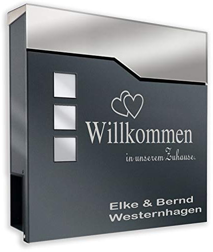 Zalafino Briefkasten anthrazit RAL 7016 mit Beschriftung - individualisierbarer Design-Briefkasten aus pulverbeschichtetem Stahl mit Zeitungsrolle und 3 Sichtfeldern