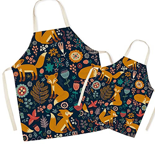FOMAISELF Delantal de cocina de lino para padres e hijos, lindo delantal con estampado de zorro para mamá y niños, delantales para mamá, hijo, hija para cocinar, hornear, pintar, fiesta