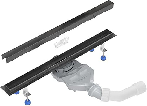 SET completo - Canalina Doccia 60 cm AQUABAD® Slim nero opaco in acciaio inox, incluso il setaccio per capelli, Advantix l'uscita orizzontale, la copertura BORD e il set di base
