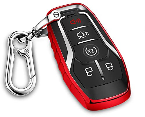 QBUC Coque de clé de voiture en TPU avec porte-clés compatible avec Ford Fusion F-150 Edge Explorer Mustang Lincoln MKZ MKC 2/3/4/5 boutons, rouge
