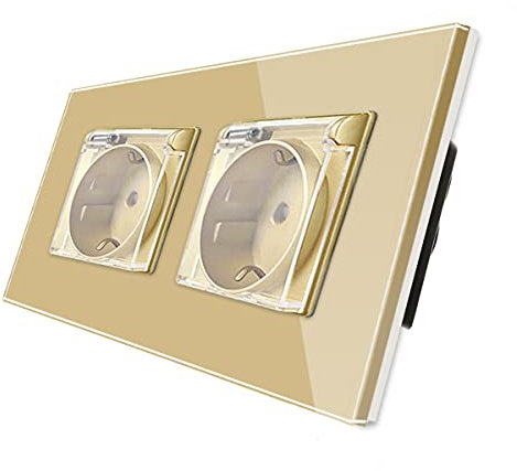 CNBINGO Glas Schuko Steckdose unterputz - mit wasserdichtem Deckel und Glasrahmen - Wandsteckdose zweifach in Gold - Geeignet für Waschräume, Küchen
