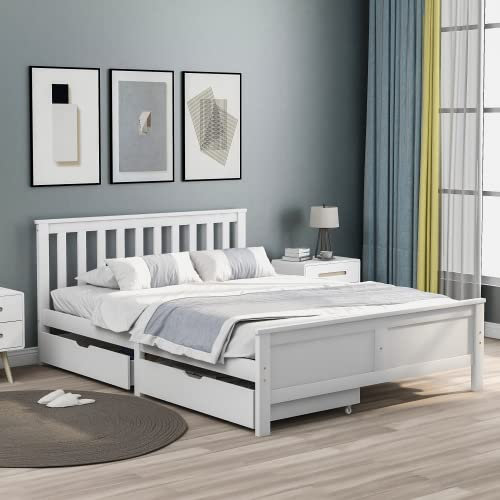 LTGB Wooden Solid Bed Frame, White Pine Storage Bed With Double Drawers Bed Furniture Frame, Suitable For Adults, Kids, Teenagers, 4ft6 Double (White 190x135cm)【UK Fast Delivery】