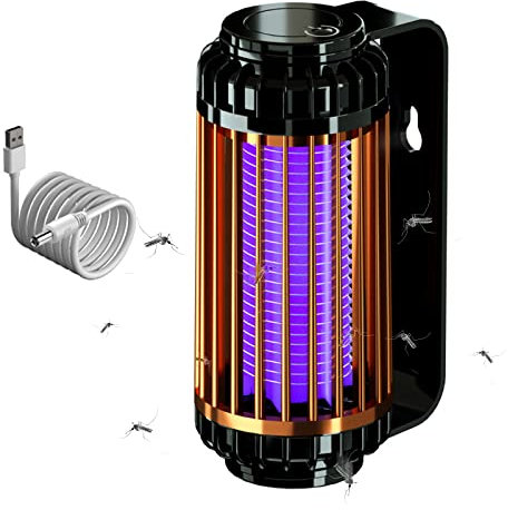 Elektrischer Insektenvernichter Wandstecker, Mückenlampe Camping Akku, Fliegenfalle Elektrisch Innen, Mückenfalle Elektrisch Uv Licht Lampe Klein Anti Moskito Moskitoschutz Lampe (mit Batterie, Gold)