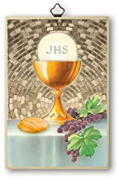 Fratelli Bonella | Cuadro Sagrado sobre madera MDF de álamo de 8 mm con mosaico de lámina dorada con cáliz y uva y oración en la parte posterior 10 x 15 cm | Fabricado en Italia