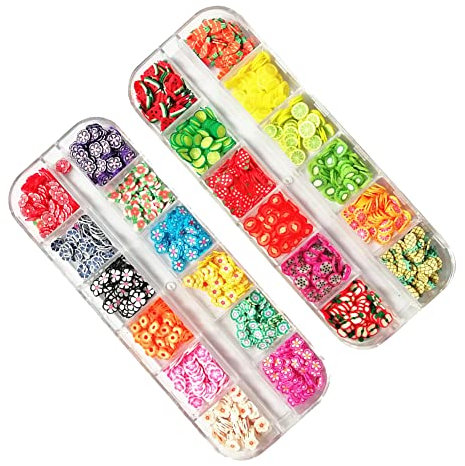 2 Boxes Clay Nail Art Slices Polymer Fruit Flower Slices Colorful Slime Making Charms Cellphone Decoration Nail Art Supplies Scrapbooking Embellishments