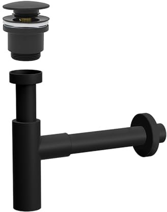 Inbagno Sifone lavabo Bagno Nero Opaco, Completo di piletta Click clack, Attacco Universale (Tondo)