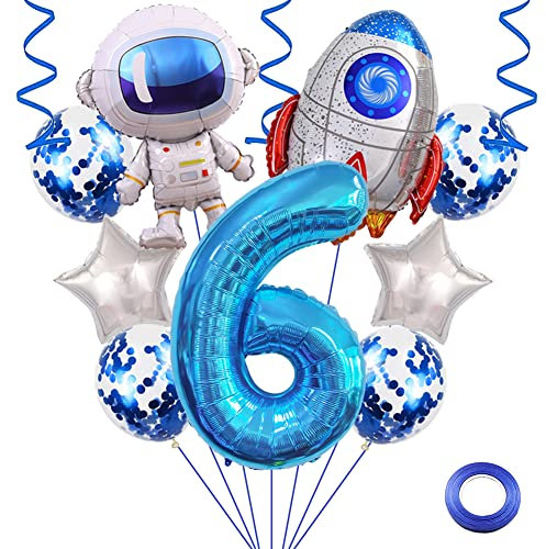Weenkeey 6. Geburtstag Weltraum Luftballons Riesen Astronaut Rakete Folienballons 32 Zoll Blau Zahl 6 Helium Ballon 6. Geburtstag Luftballon Raummann Mylar Balloon für Junge Geburtstag Party