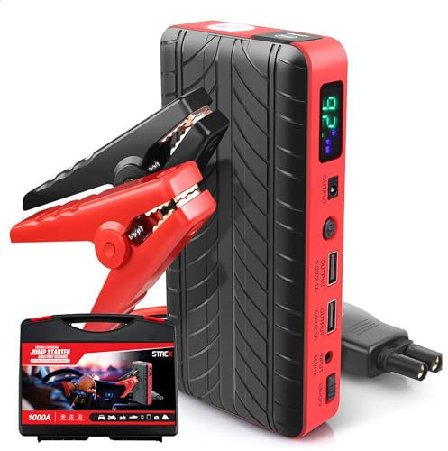 Strex Démarreur de saut 12 V pour voiture - 1000 A/18 000 mAh - Aide au démarrage 4 en 1 avec banque d'alimentation, lampe de poche LED et lumière d'urgence SOS - Dans un coffret de rangement