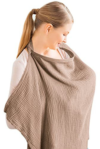 Konssy Muslin Nursing Cover for Baby Breastfeeding, Breathable 100% Cotton Breastfeeding Cover with Rigid Hoop for Mother Nursing Apron, Multi-use Carseat Canopy (Brown)