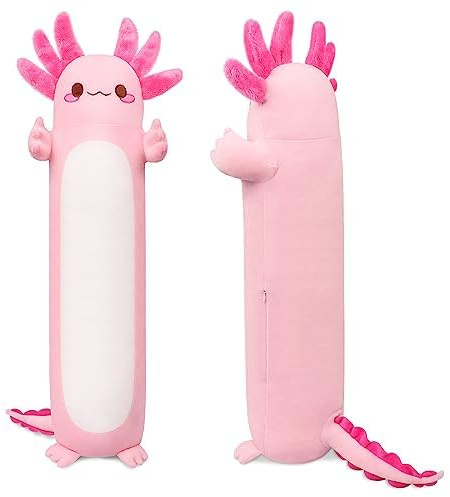 Auspicious beginning 20 Cute Axolotl Stuffed Animal Plush Pillow, Soft Kawaii Cat face Pink Axolotl Body Pillow Long Plush Doll Standing Hugging Pillow Toys for Kids Children Adults Gifts