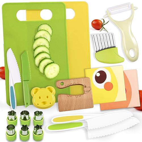 Montessori Lot de 18 ustensiles de cuisine pour tout-petits et tout-petits avec planches à découper, cutter froissé, éplucheur, bords dentelés et couteaux en bois sans danger