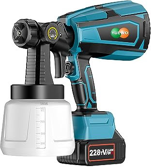 YUEWO Pistola de Pintura,Sistema de pulverización de pintura a batería con 5 Boquillas de Cobre y Filtro,1000 ml/min, 3 Modos de Pintar,Tanque Desmontable 1000ml,Batería de 3.0Ah y cargador individual
