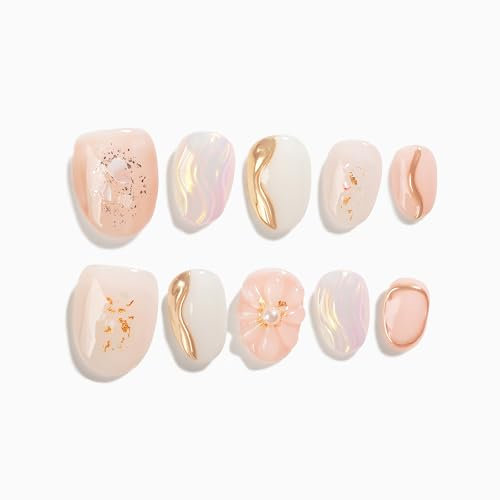 Sun&Beam Nails Handmade Press-on Short Round Pink White Gold Flower Minimalist 3D Design Fashion False Nail Tips 10 Pcs Set (#131 XS)