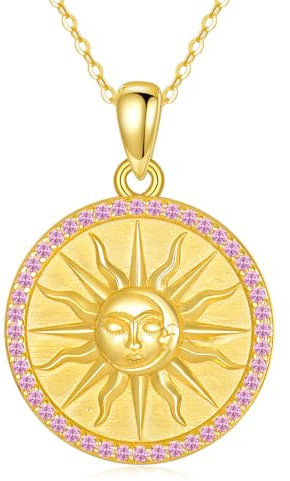 YAFEINI Sonne Münze Kette für Damen 925 Sterling Silber Geburtsstein Oktober Gold Anhänger Halskette Sonne Schmuck Geschenk