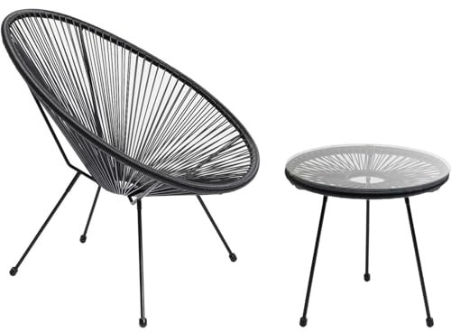 Kare Design Gartenmöbel Set Acapulco, 2er Set, Schwarz, Indoor und Outdoor Sitzgruppe im Retro-Design, Sessel mit Beistelltisch, Lounge-Möbel für Balkon, Terrasse, Schwarzes Stahlgestell, Glas