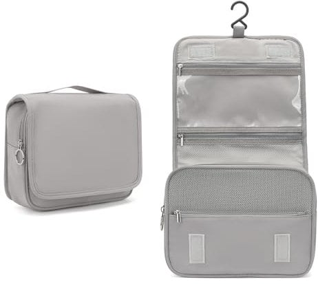 Kono Trousse de Toilette de Voyage à Suspendue, Grande Trousse de Maquillage Voyage Accessoires pour Hommes Femmes, Multifonction Imperméable Sac Cosmétique Organisateur avec Crochets (Grey)