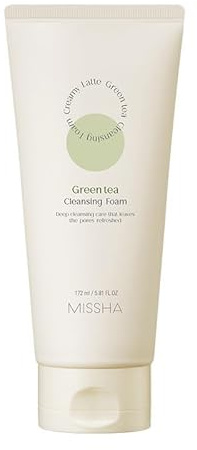 Missha Creamy Latte Cleansing Foam Green Tea – Reinigungsschaum mit cremiger Milch mit Grüntee, Schaum-Gesichtsreiniger mit Grüntee-Extrakt und Milch für eine saubere und weiche Haut.