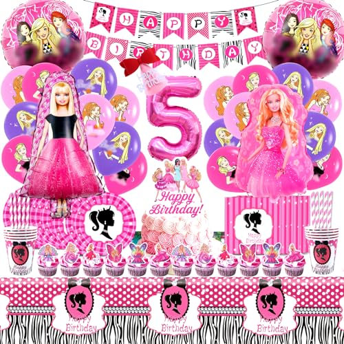 Barb Anniversaire Decoration 104 Pieces - Set Complet Vaisselle Fille 5 Ans avec Ballon Helium, Assiette, Gobelet, Serviette, Nappe et Deco Gateau