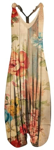 Azruma 80Er Jahre Outfit, Arbeitshose Damen Latzhose Softshellanzug 86 Frauen Sommer Floral Gedruckt Ärmelloser Jumpsuit Mit Taschen 80 Er Jahre Kostüm Damen Maleroverall(3-Saffron,4XL)