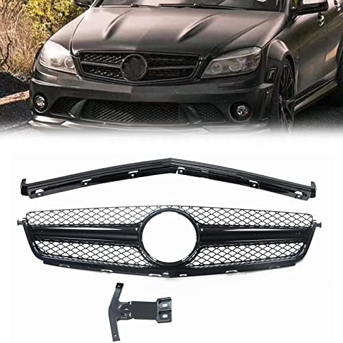 VIDOJI Kühlergrill Grill Schwarz Mit Rahmenabdeckung Trim Car Upper Bumper Hood Mesh Für Benz W204 C-Klasse 2008-2011 C63 AMG, XFOZBH9