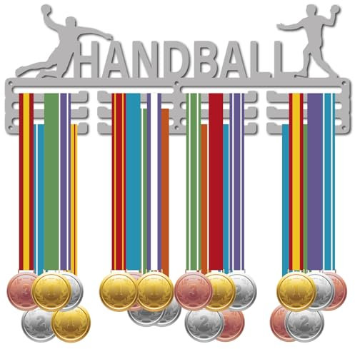 CREATCABIN Handball-Medaillenhalter,Sport-Medaillenaufhänger,Display,Auszeichnungsbänder,Organizer,Metall,Silberfarben,Gestell Montiert Zum Aufhängen An Der Wand,Renngeschenke,Fußballspieler,40x15cm