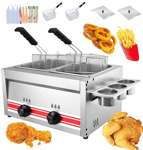 Commercial Deep Fryer 10L+10L, Stainless Steel Chicken Chips Fryer with with Lid/Frying Net/Spice Rack, Low Pressure Valve, Independent Knob Switch, for Restaurant Family Food Cooking