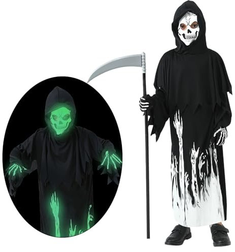 Halloween Sensenmann Kostüm für Kinder Jungen, Glow in the Dark Halloween Kostüm Skelett Set Sensenmann Sense Skelett Handschuhe Outfit Gruselige Robe Kostümumhang (S)