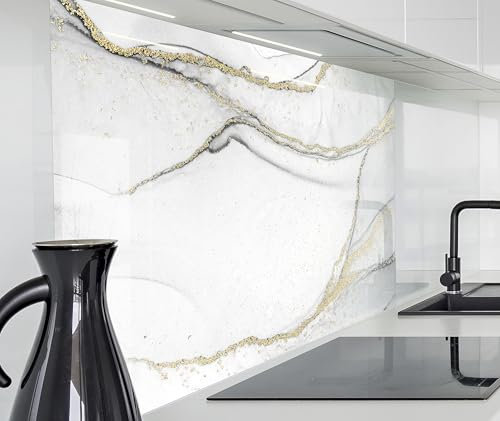 timalo Herd Spritzschutz Wand Spüle, Küche Küchenrückwand Glasoptik | Acryl Glas 2mm | Glasrückwand Acrylglas Küchenpaneele Rückwandschutz Platte | 160x50cm Marmor weiß Gold