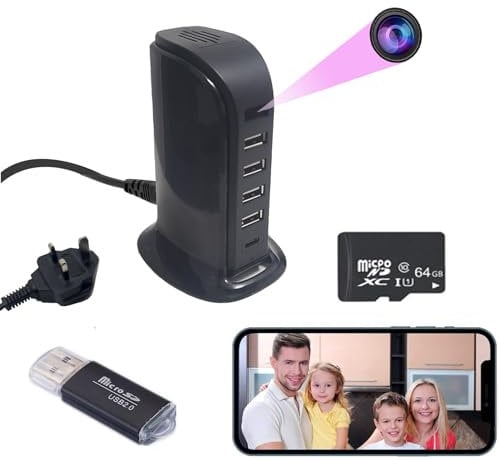 RUIYIG Hidden camera Mini spy camera Wireless audio and video WiFi HD 1080p Hidden security camera Mini charger with 4 USB ports and 1 TYPE-C,For home security surveillance.