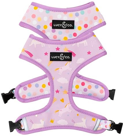 Lucy & Co. Niedliches wendbares Hundegeschirr, Spazierengehhalfter, beste Designer-Haustiergeschirre für XS-XL, gepolsterte, verstellbare Weste für einfaches Spazierengehen, Größe L, Einhornzauber