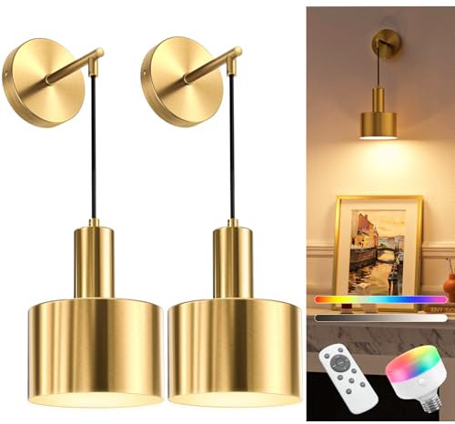 NIORSUN Battery Operated Wall Sconces, Gold Battery Operated Wall Lights Indoor with 5200mAh Dimmable Detachable Bulbs and Remote, 9 Colors Sconces Wall Decor for Bedroom Living Room