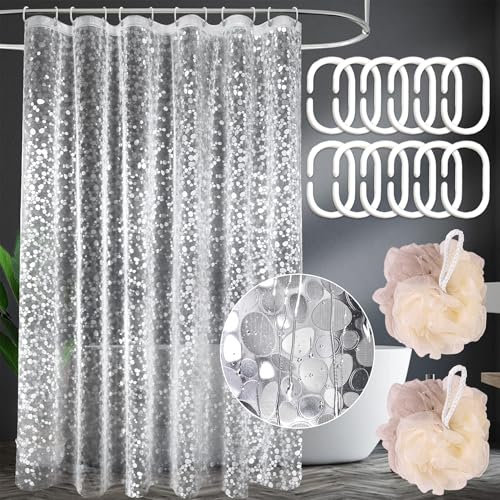 PXBSNB Antischimmel Duschvorhang 180x200 cm, Duschvorhan mit Gewicht Magnet Unten, Transparent Duschvorhänge mit 3D Kieselsteinen Muster, Wasserdicht PEVA Vorhang mit 12 Ringe für Badezimmer Badewanne