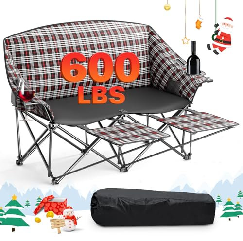 MAIRMAN Loveseat – Chaise de camping avec repose-pieds, supporte 299,4 kg – Chaise de camping pliante double robuste pour camping, pique-nique, événement sportif (noir et rouge)