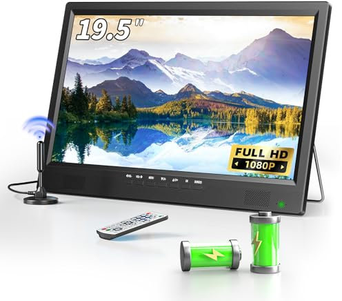 NORTHING TV portatile da 19,5 pollici 1080P con antenna, 8000 TV integrata alimentata, T V, HDMI, RCA, USB, per cucina, camper, barca, camion, sala giochi, dormitorio, telecomando, cavo auto DC