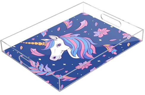 Bandejas acrílicas para servir de unicornio de pelo morado y rosa, bandeja rectangular transparente con asas para servir mesa de café, cocina y baño