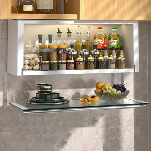 Küchenwandschrank mit Tür aus gehärtetem Glas, Vorratsschrank mit Theke, herunterziehbarer Schranktür, Hängevitrine aus Metall für Badezimmer mit Glas, mehrschichtige Aufbewahrung, bohrfreie