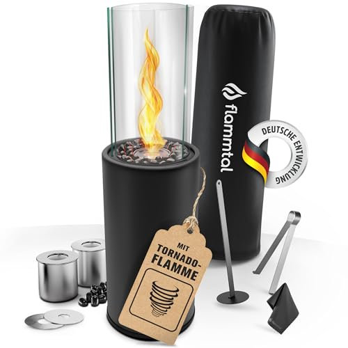 flammtal Standkamin Helix für Garten Terrasse Balkon Deko - Outdoor Bioethanol Kamin 8h Brenndauer / 86cm hoch - Freistehender Ethanol Standkamin mit Tornadoflamme - Kamin mit Verstellbarer Flamme