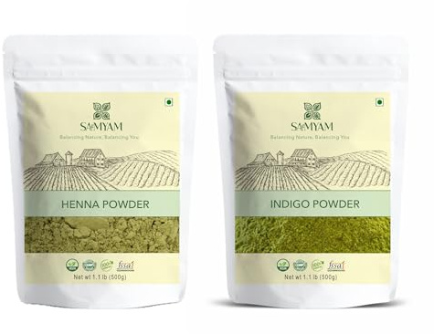 SAMYAM Pure Henna und Indigo Pulver-Kombination – 500-g-Packung, je natürliche Haarfarbe, dreifach gesiebtes Rajasthani Henna, PPD-frei