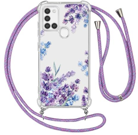 Ciciber Ttusy Handykette Hülle für Samsung Galaxy A21s mit Band, Durchsichtig Muster Blumen Case Weiches Silikon Schutzhülle mit Kordel zum Umhängen Necklace HandyHülle für Samsung A21s, 01