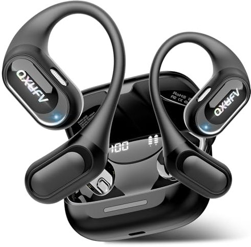 QXUFV Auricolari Open Ear, Cuffie Bluetooth Sport 5.4 con Stereo Bassi Pressanti, 4 HD Mics, Impermeabile IP7, 48 Ore, Controllo Tattile, Auricolari Bluetooth Sport ad Gancio per Corsa/Ciclismo, Nero